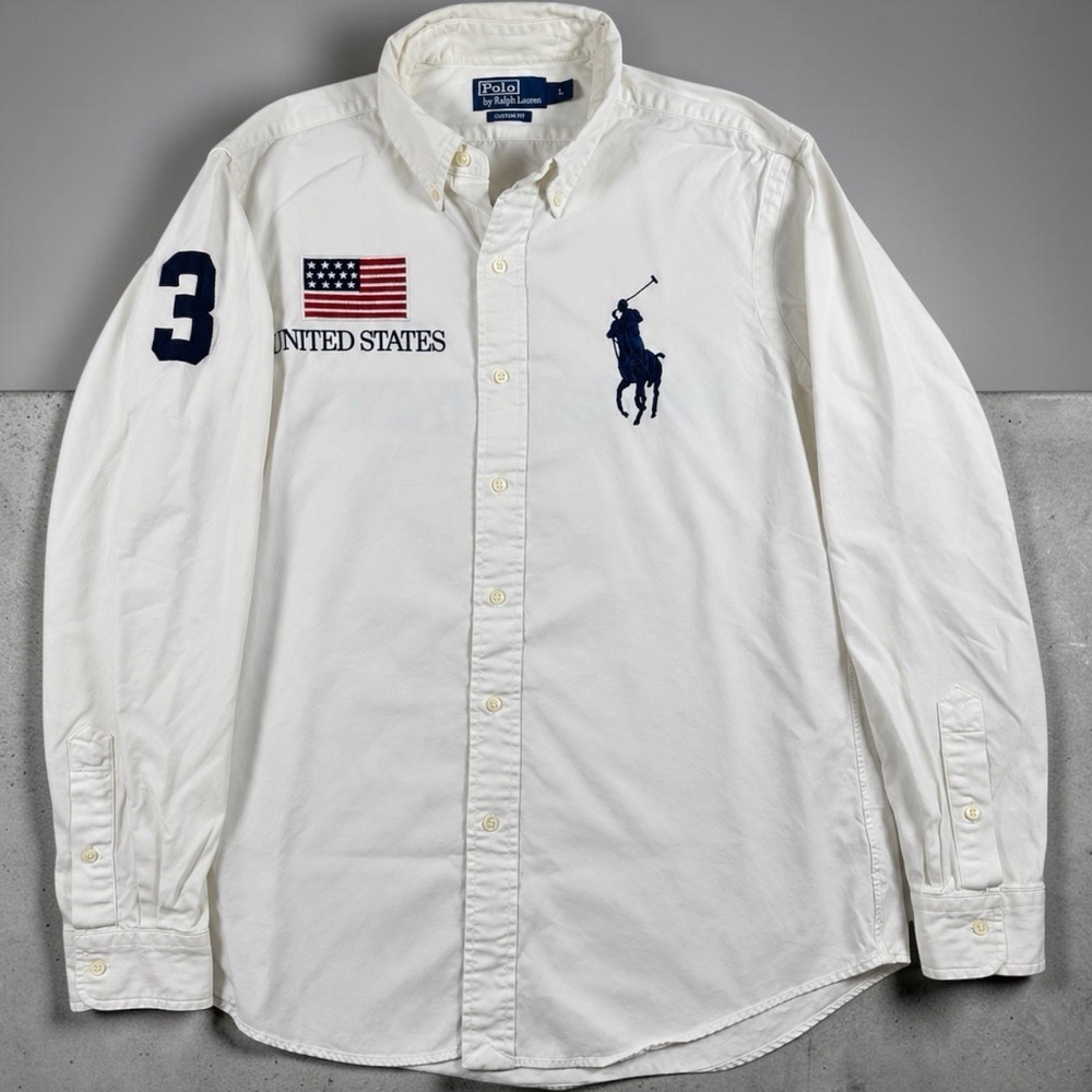 Polo Ralph Lauren Men's Large Big Pony USA Flag #3 Custom Fit White Shirt